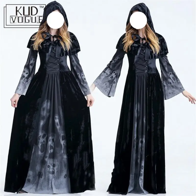 Длинное черное платье в готическом стиле для взрослых на Хэллоуин костюмы с