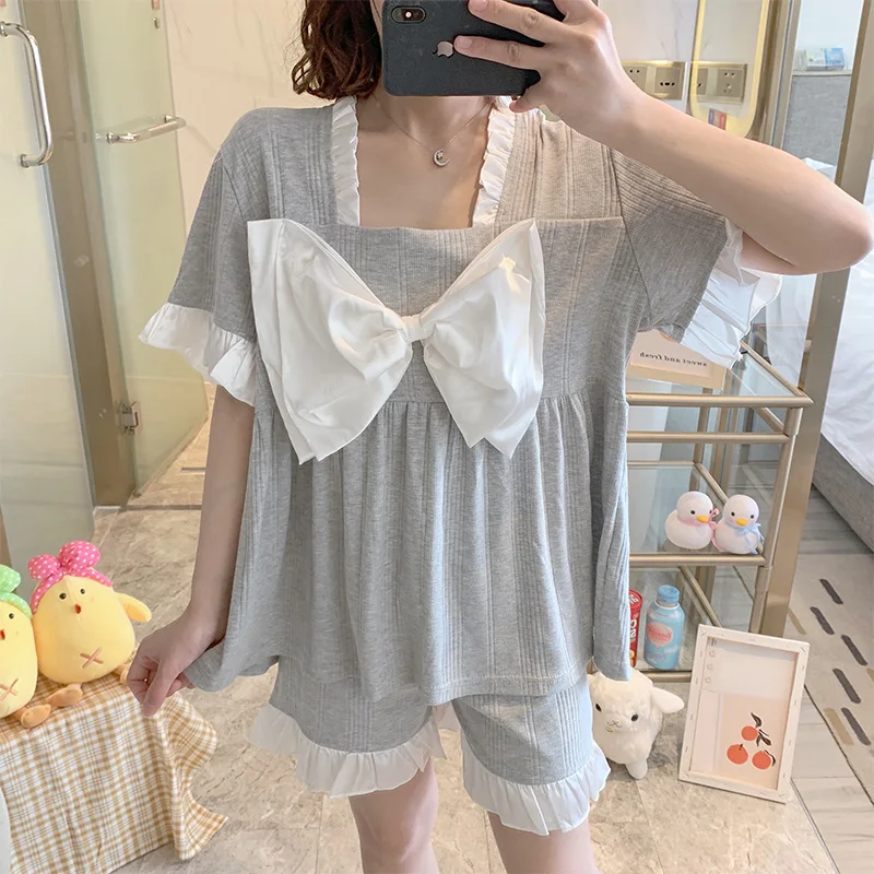 

Pajamas Women's Summer Short-Sleeved Pure Cotton Light Gray New Trending Hot Two-Piece Suit Thin Spring and Autumn Homewear