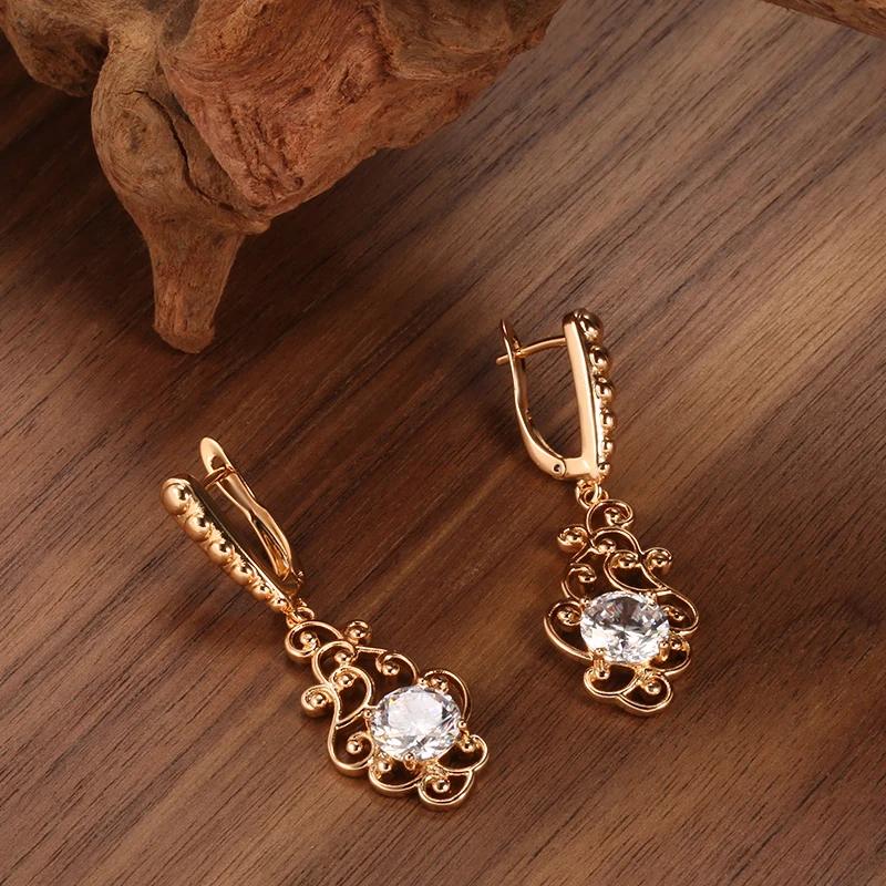 

Kinel Fashion 2021 Women Long Earrings Ethnic Hollow Flower Natural Zircon Dangle Earring 585 Rose Gold Fine Jewelry Luxury Gift