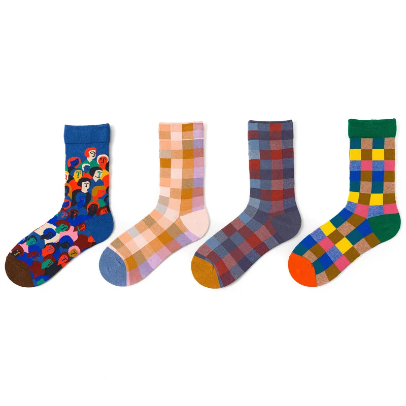 

2020 New Women's Socks Plaid Striped Socks Autumn And Winter Comfortable Harajuku Color Retro Long Socks Ladies Quality