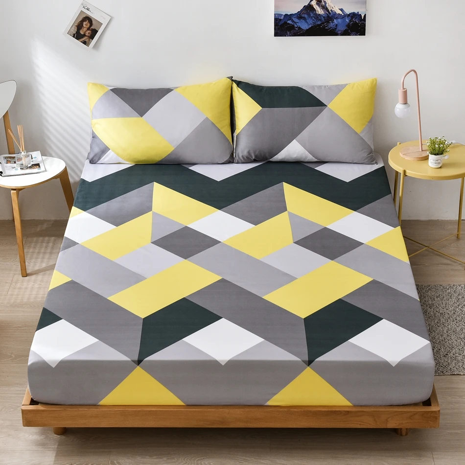

JGeometric Fitted Sheet Twin Double Bedsheet Queen Sheets King Fitted Bed Sheet with Elastic All Around Mattress Cover