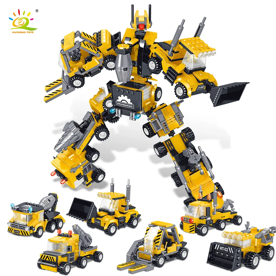 

HUIQIBAO 408pcs City Engineering 6in1 Transformation Robot Model Building Blocks Boys Assemble Truck Mecha Bricks Toys Children