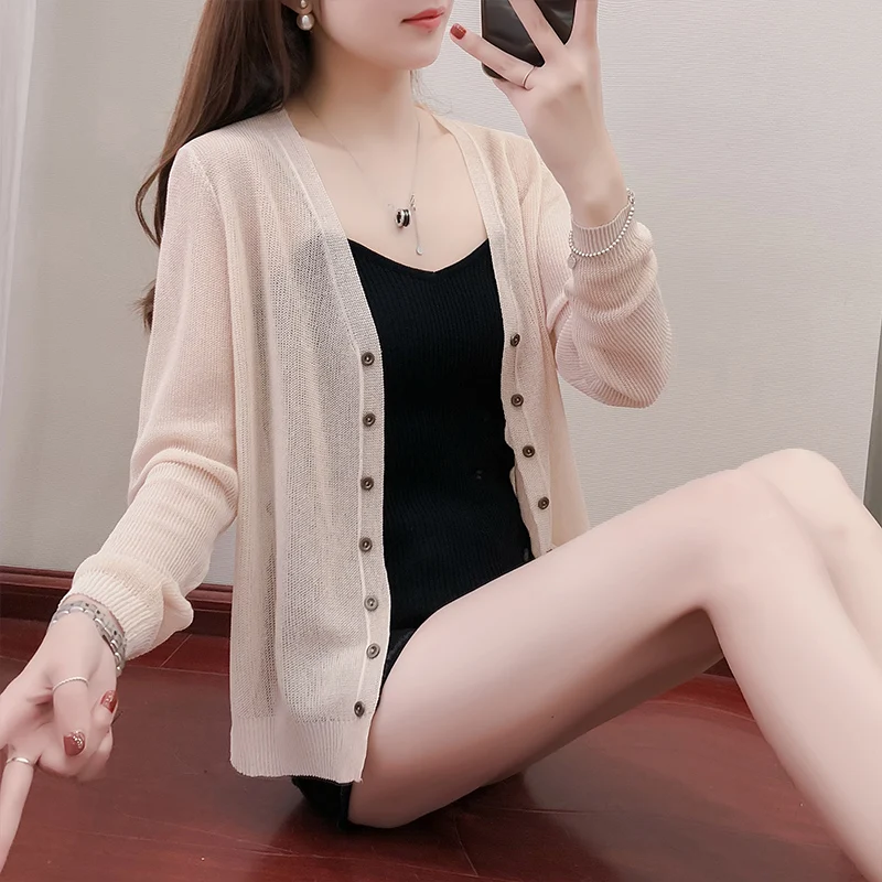 

Length knitted cardigan sweater summer Korean thin coat loose female student length knitted cardigan shawl hollow sunscreen