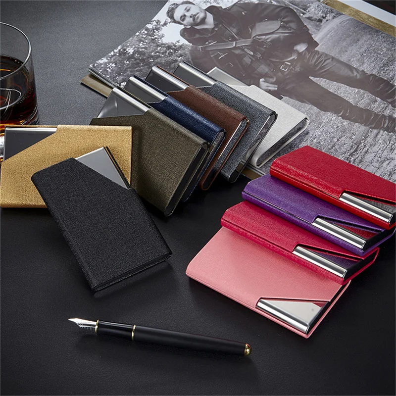 

1pc Stainless Steel Box Lid Credit Card Holder Luxury PU Leather Men's Business Card Holder & Note ID Credit Card Holder Storage