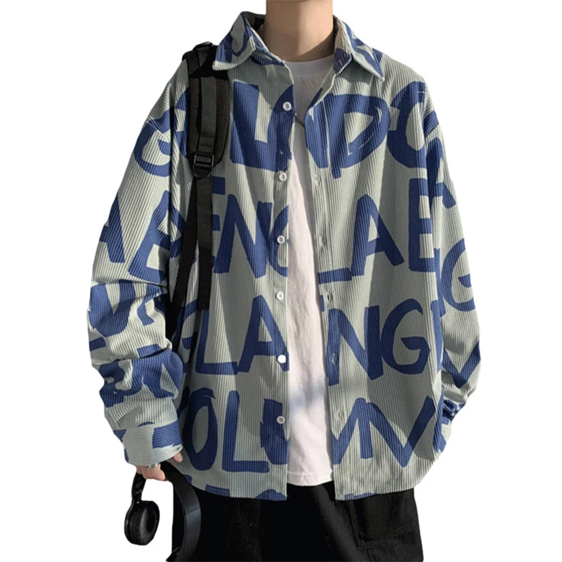 

Corduroy long-sleeved shirt printed letters loose men's Korean casual trend shirt spring and autumn new style