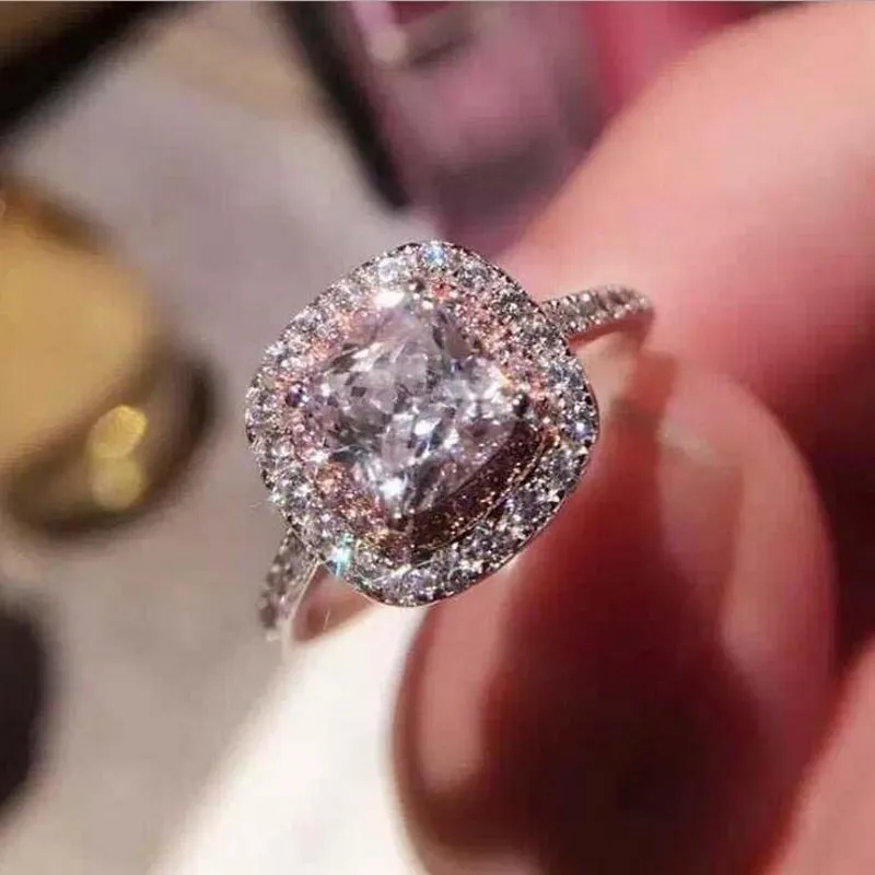 Size 4-10 Deluxe Jewelry Real 925 Sterling Silver Round Cut White&ampPink 5A Cubic Zirconia Pave CZ Party Promise Wedding Ring Set |