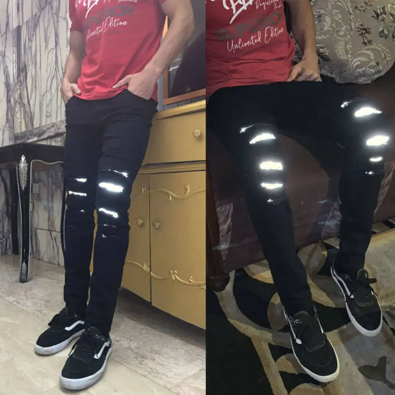 Новые модные мужские обтягивающие стрейчевый облегающий рваные Светоотражающие