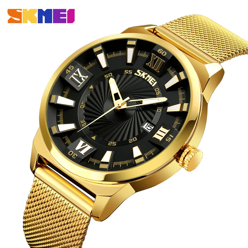 SKMEI Japan Quartz Movement Male Wristwatches Luxury Golden Color Steel Strap Men Watch Calendar Clock Relojes Para Hombre 2021