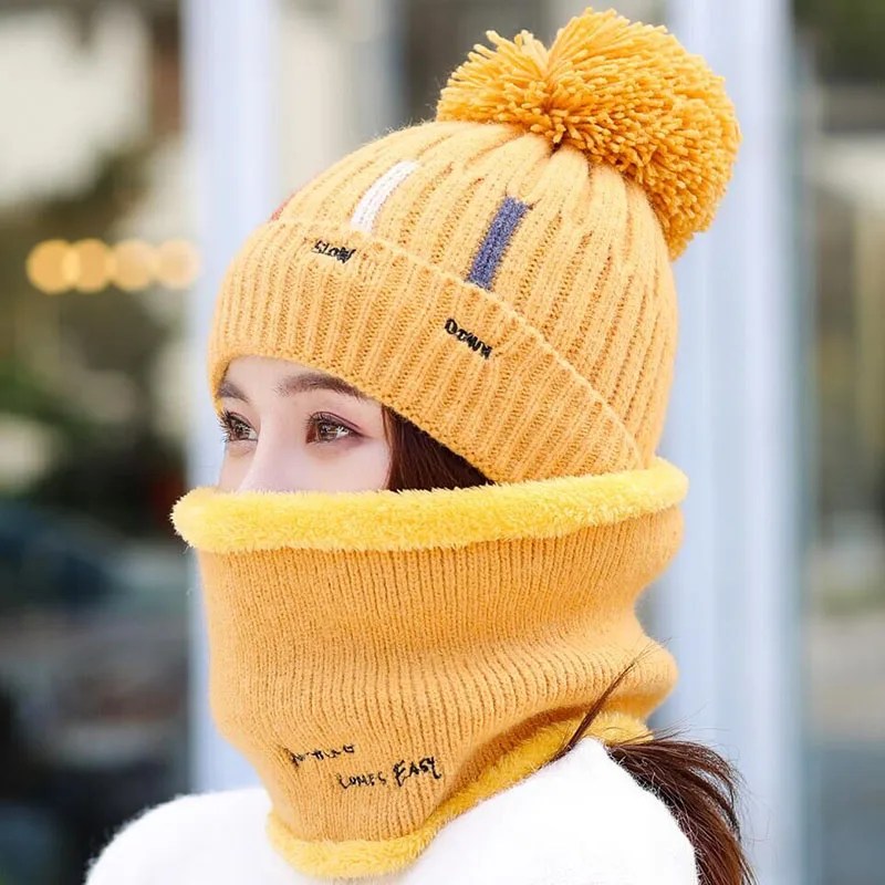 Knitted Hat With Scarf Collars SUOGRY Sets For Women Winter Ladies Hat& Scarf With Pompom Thick Two Piece Keep Snow Warm Set