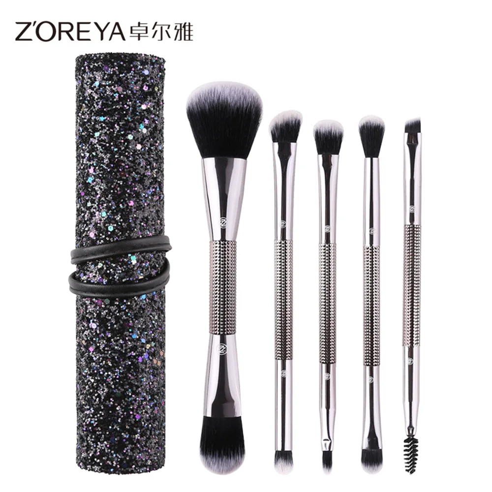 Zoreya New Style Double-Ended Makeup Brush 5 Makeup Brush Set Sequin Zipper Cosmetic Bag Cosmetic Gift for Women ZZ5