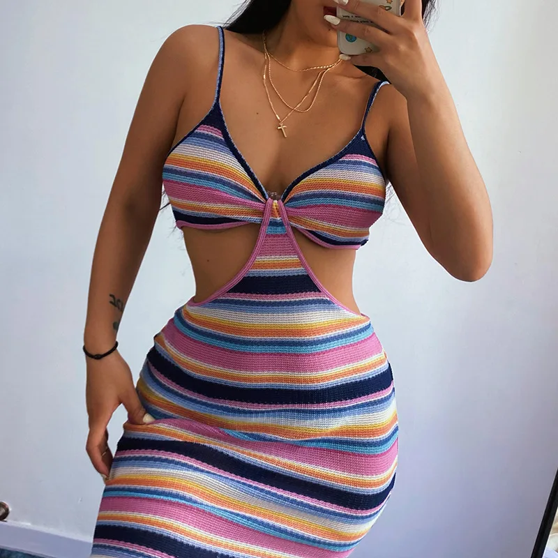 

Women Mini Dress Color Matching Suspender Dress Female Summer Rainbow Color Hollow Package Hip One-step Buttocks Sexy Clothes