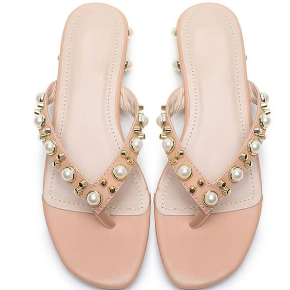 

CEYANEAOFashion women flat slippers with pearls and rivets women thongs riveted designer slides