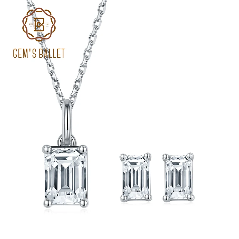 

GEM'S BALLET Brilliant Emerald Cut Moissanite Jewelry Set For Women Wedding 925 Sterling Silver Pendant Necklace Earrings Sets