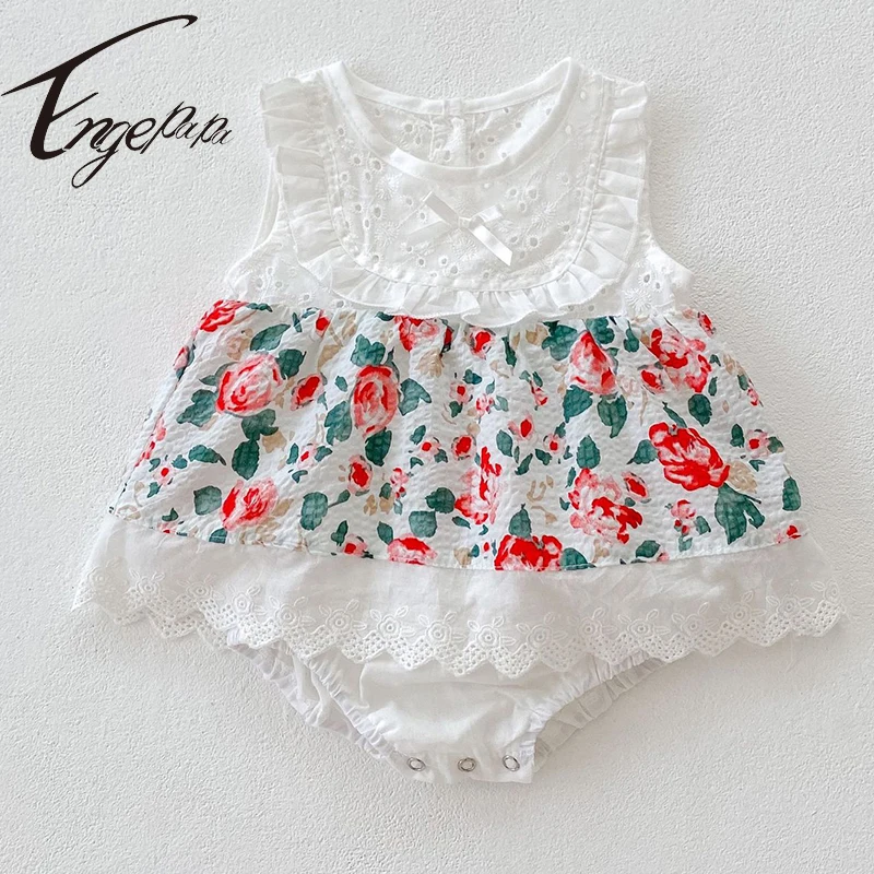 

Engepapa Lovely Princess Style Floral Print Stitching Hollow Out Jumpsuit Toddler Baby Girl Romper Summer Baby Girls Clothes