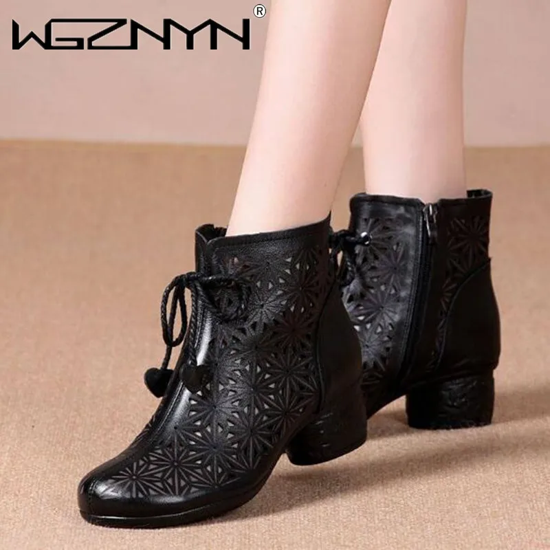 

Spring and Summer New Hollow Sandals Leather Retro Side Zipper Mid-heel Thick Heel Short Boots Women's Shoes Gladiator Sandals