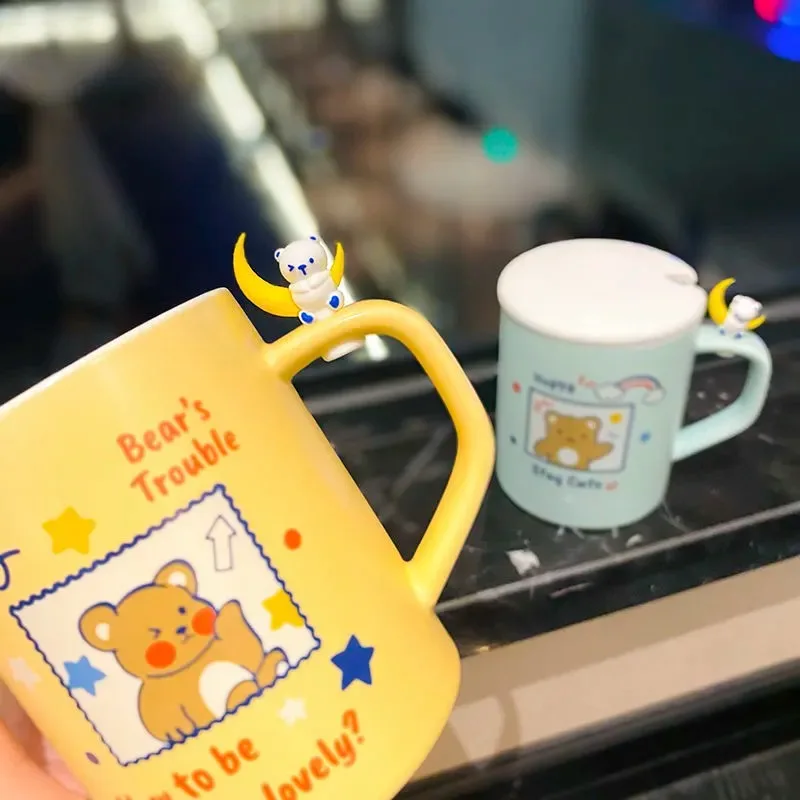 Керамическая кружка с милым медведем 420 мл ложкой и крышкой кавайное украшение в