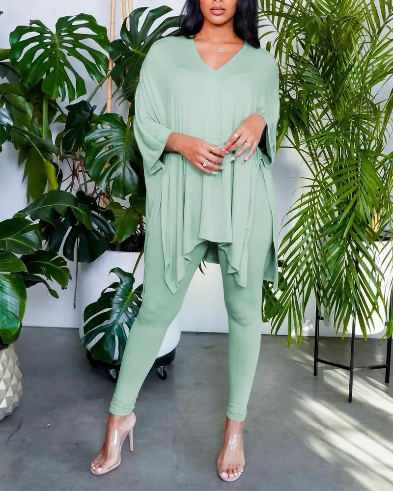 

Женский костюм из двух предметов, однотонный Асимметричный пуловер с разрезом и V-образным вырезом, блузка и леггинсы, Повседневная Свободн...