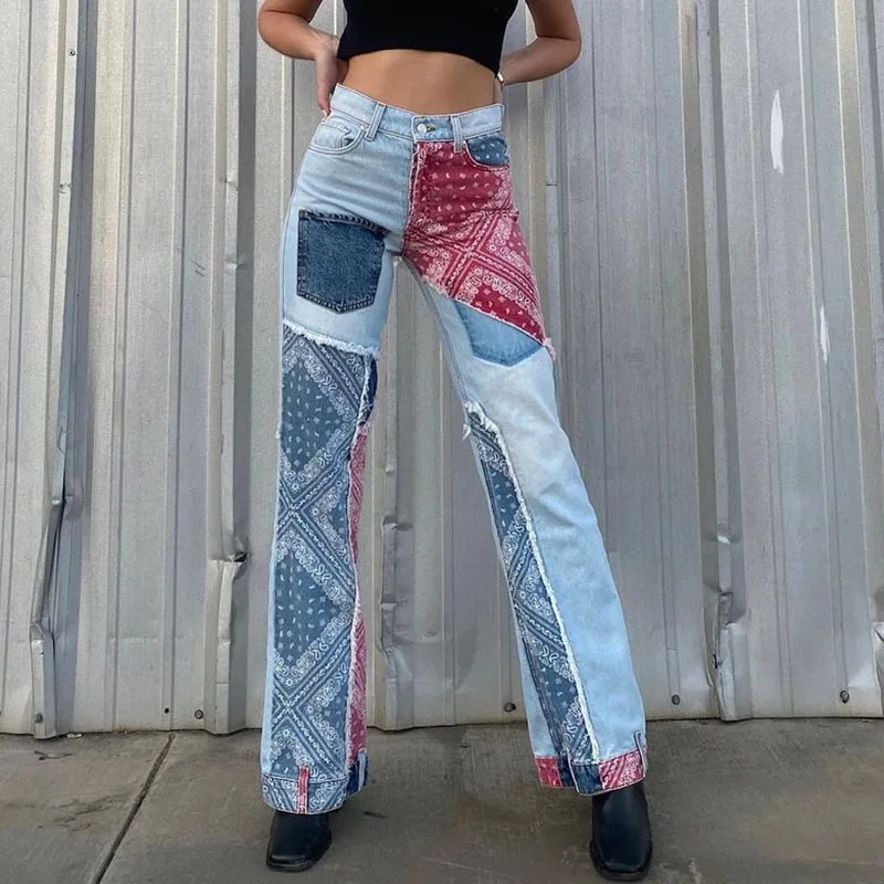 

Vogue Pop Women Vantage Patchwork Wide Leg Jeans, Casual High Waist Boho Print Patchwork Loose Fit Denim Pants Trousers