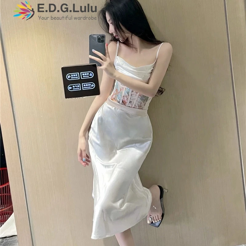

EDGLuLu 2 Piece Sets Womens Outfits Skirt Sexy Party Spaghetti Strap Print Crop Top And High Waist Midi Skirt Satin Suit 0512
