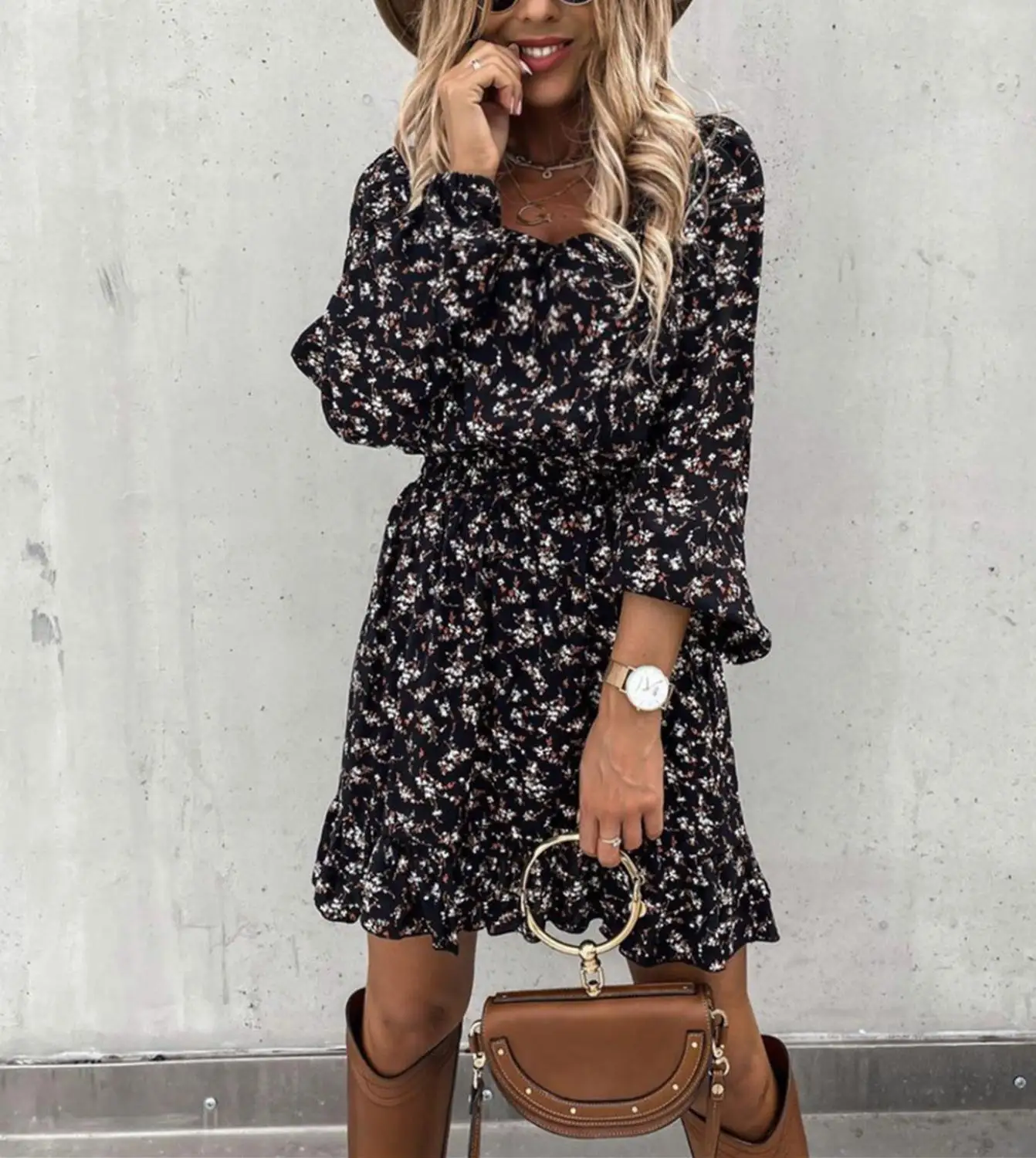 

Apring And Summer Fashion Women's Mini Dresses With Square Collar And Elastic Waist Ruffle Print Sweet Style Hedging Dress 2021