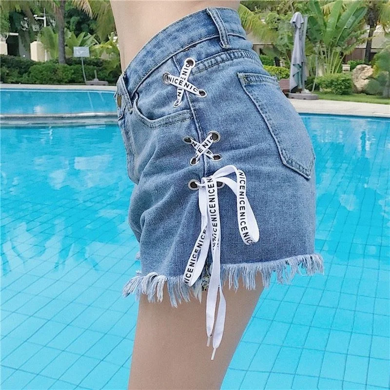 

Varofi Riches side strap high-waisted jean shorts women's oversized wide-leg retro hot pants women jeans high waisted jeans