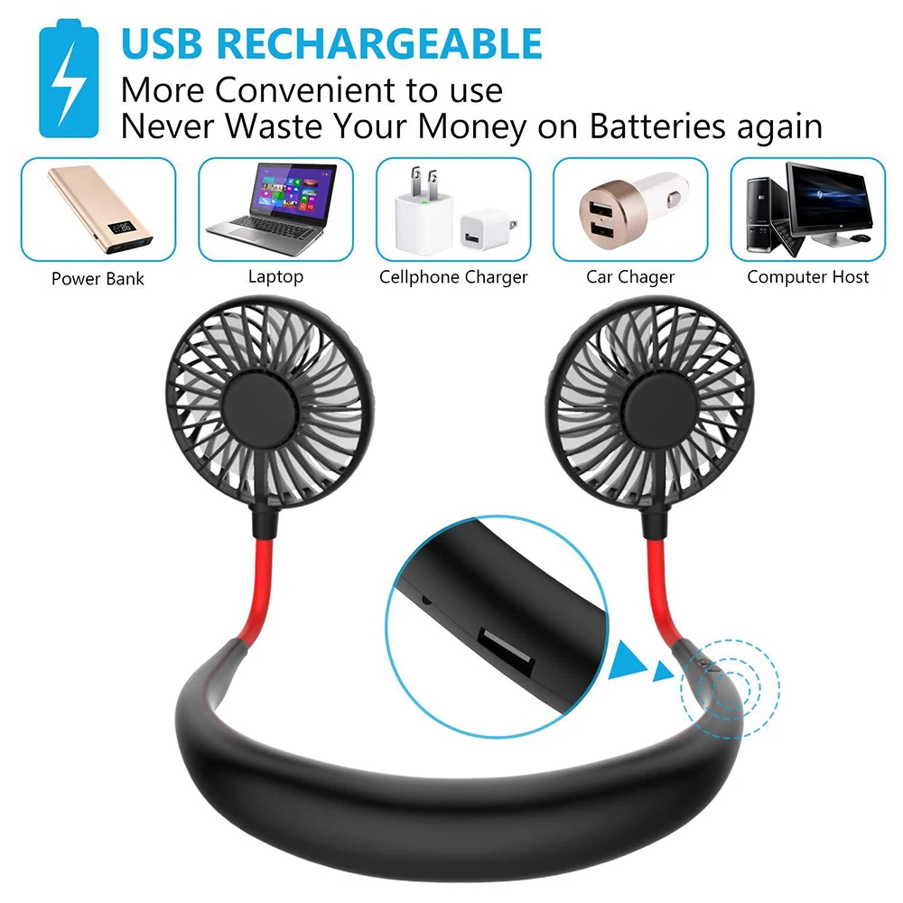 Шейный ленточный USB вентилятор Портативный 360 градусов регулируемый 3 режима ветра мини USB вентилятор подвесной воздушный USB кулер вентилятор для спорта(без светодиодный светильник