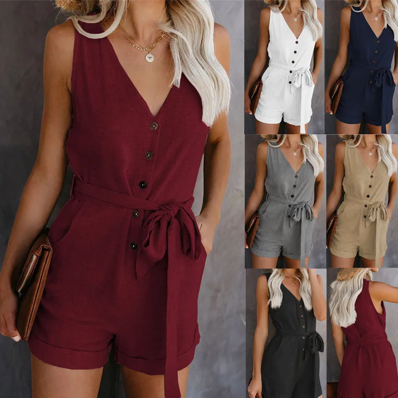 

Women Summer Rompers Clothing Off Shoulder Belted Tunic Sleeveless Playsuit Solid Casual V Neck Short Homewear Jumpsuit 2021