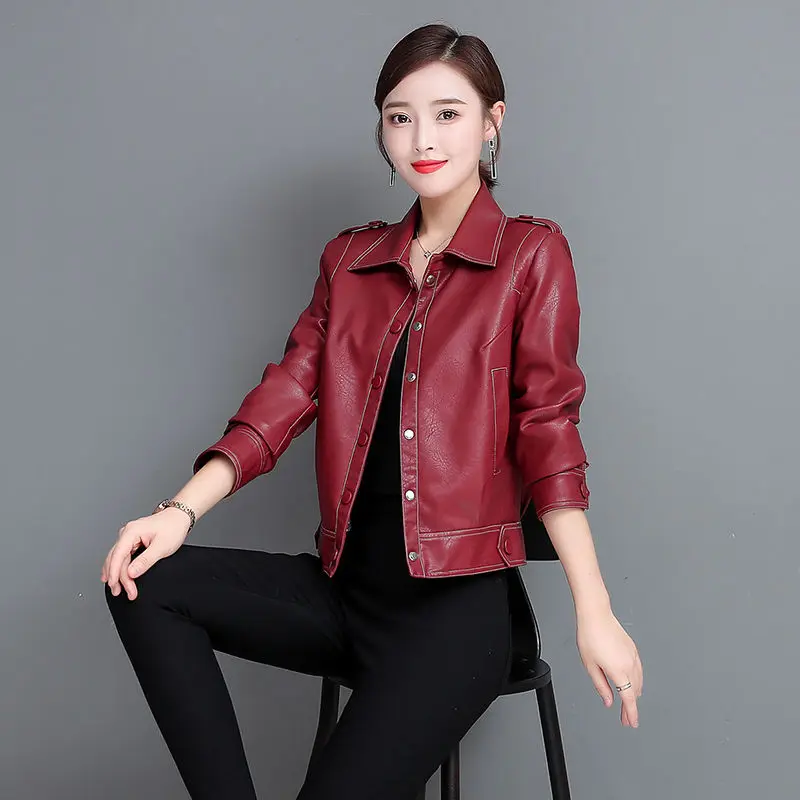 

New 2022 Autumn Women Faux Leather Jacket Female Pu Coat Turndown Collar Loose Streetwear Black Outerwear 4XL H1075