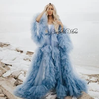 trendy puffy rulles a line mesh long robe prom gowns see thru flare sleeves tulle party dresses photo shoot beach dress