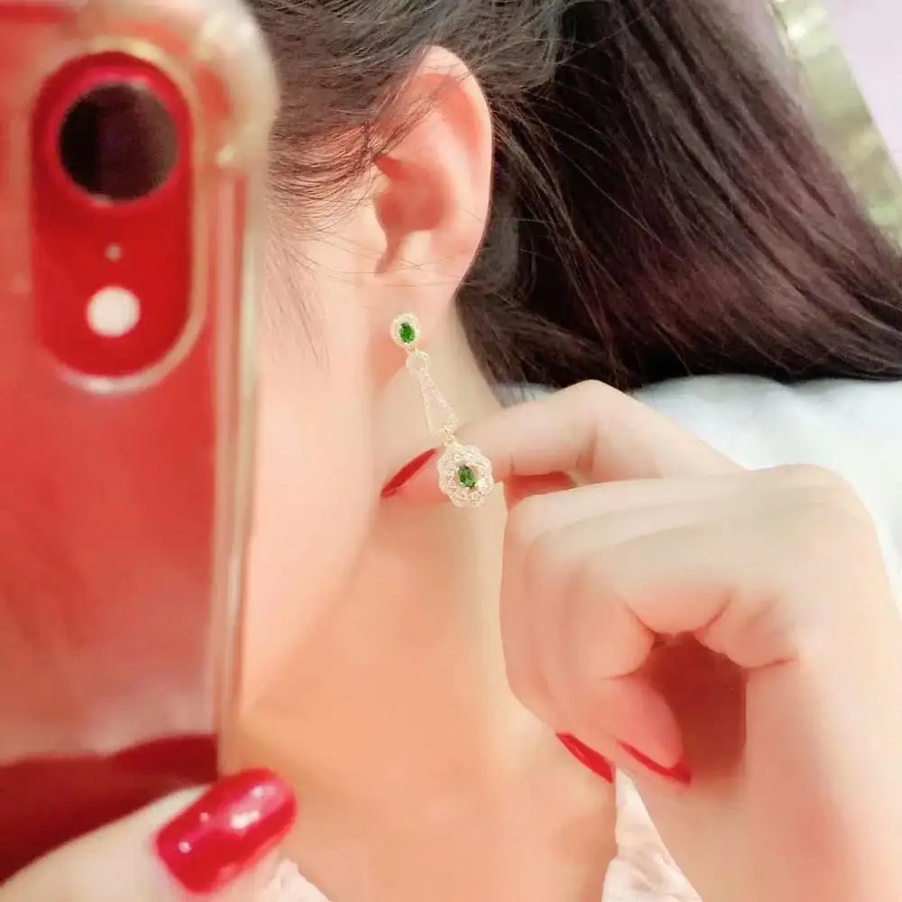 

shilovem 925 sterling silver real Natural green diopside stud earrings fine Jewelry women trendy wedding gift de0304030488agt
