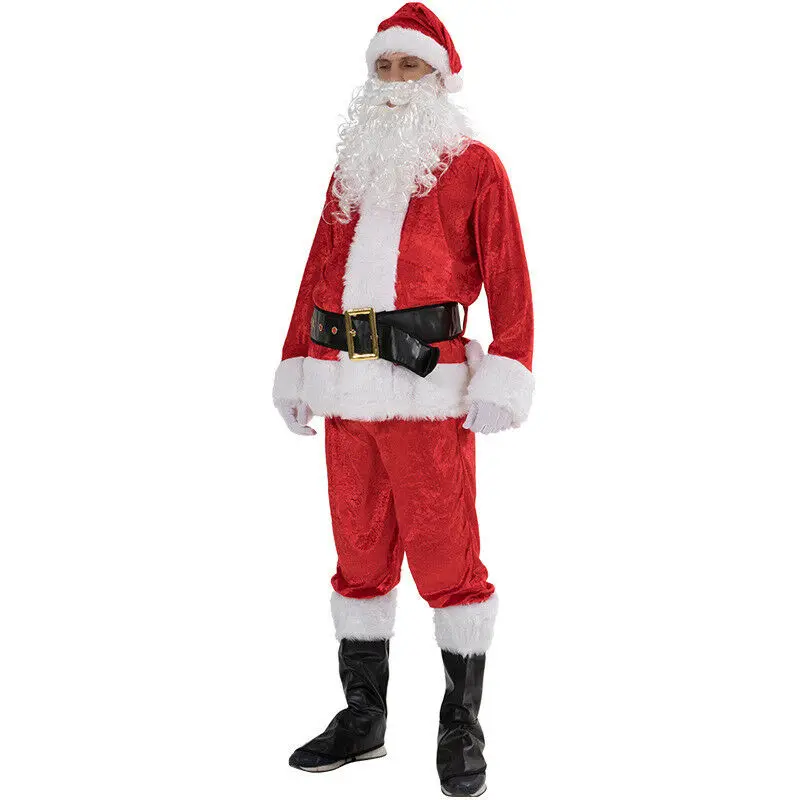 

2019 Adult Santa Claus Costume Suit Plush Father Fancy Clothes Xmas Cosplay Props Men Coat Pants Beard Belt Hat Christmas Set