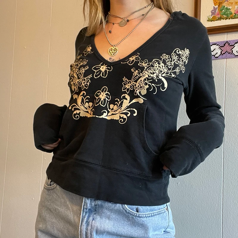 

Hirigin 2021 Women Casual Hooded Sweatshirt Adults Vintage Flower Print Long Sleeve V-neck Pullover with Pocket Streetwear