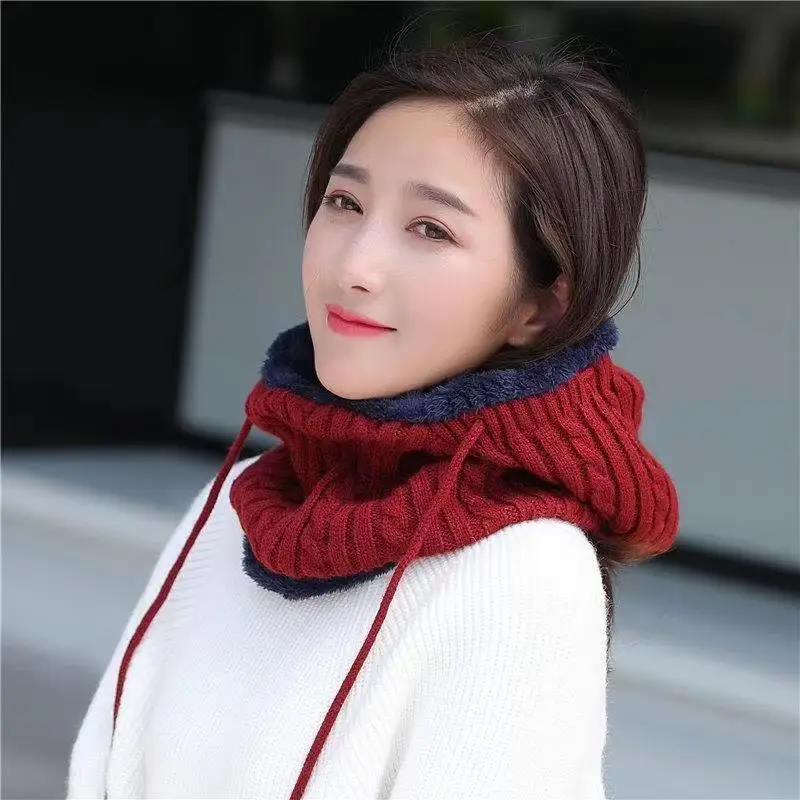 

Winter Women's Hooded Scarf Dual-use Thickening Plus Fleece Knitted Hat Solid Color Tether Pullover Beanie