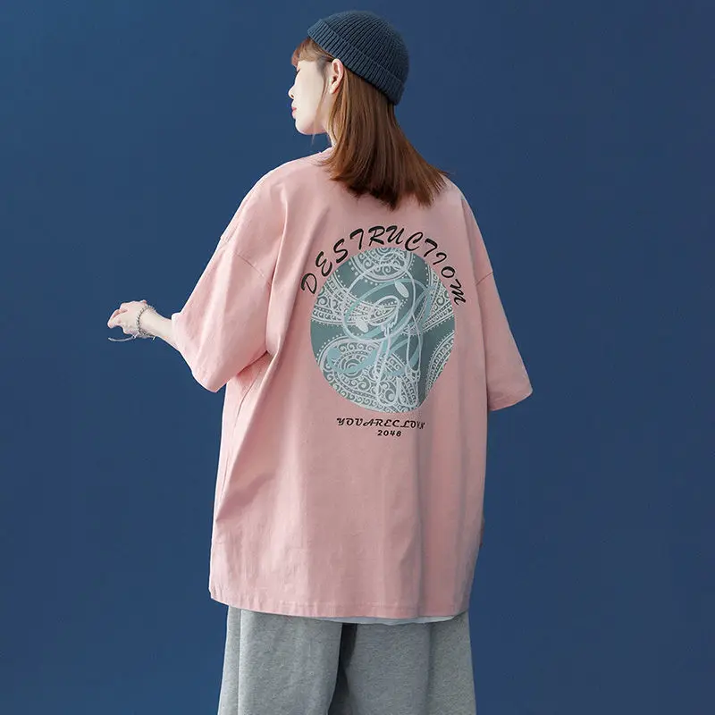 

2021 Summer Pure Cotton Fashion Printed Short-sleeved T-shirt Women Couples Loose French Blouse Ins Tide
