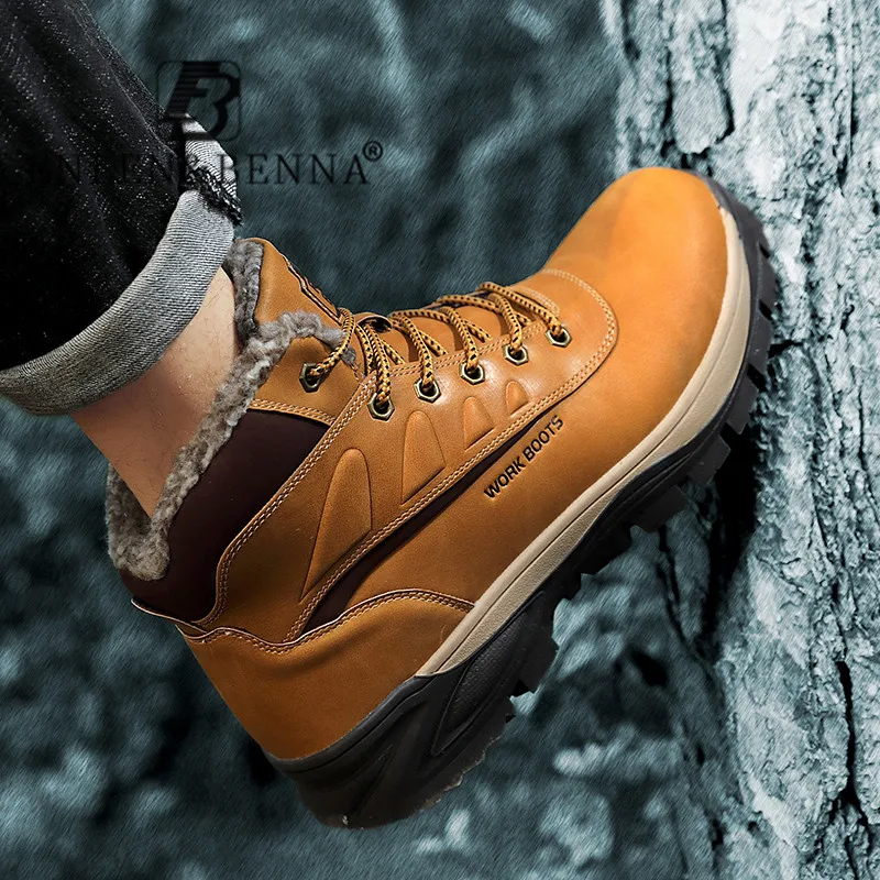

Genuine Leather Boots Male Waterfproof Winte Ankle Boots Men Snow Warm Fur Motorcycle Men Boots Plush Lace-Up Non Slip Outdoor