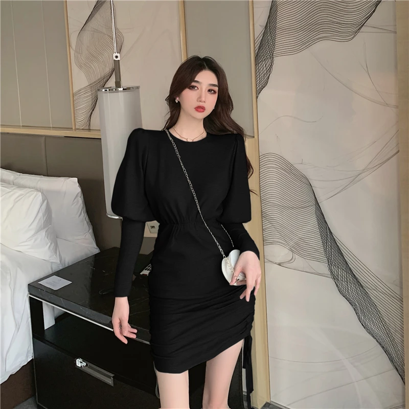 

COIGARSAM Ruffles Women dress Spring High Waist Dresses Black White A8441