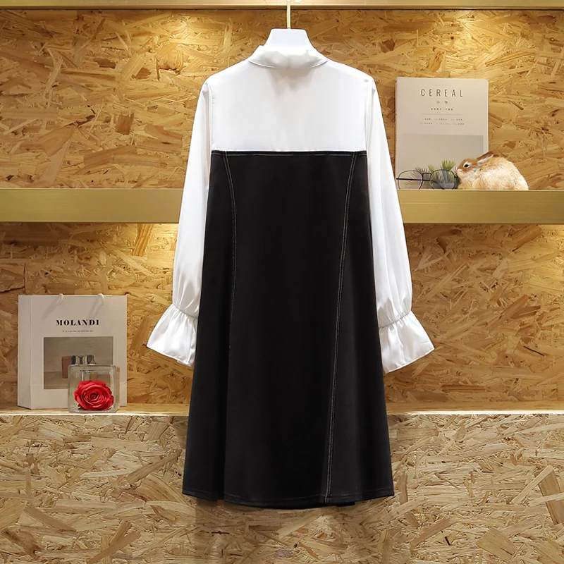 HAMALIEL New Women Black White Patchwork Oversize Loose Dress Spring Plus Size Double-breasted Bowknot Flare Sleeve Casual | Женская