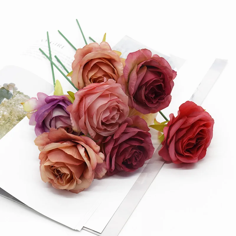 

10Pcs 6cm Silk Flowers Artificial Roses Decorative Wreath Home Decoration Accessories Wedding Bride's Wrist Diy Gifts Box Brooch