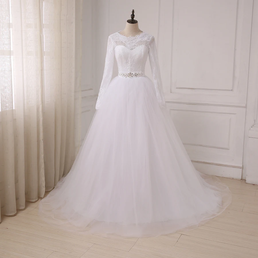 

Cheap White/ Ivory Wedding Dresses Applique Lace Tulle A-line Back Zipper with Buttons Long Sleeves Arabic Bridal Gowns