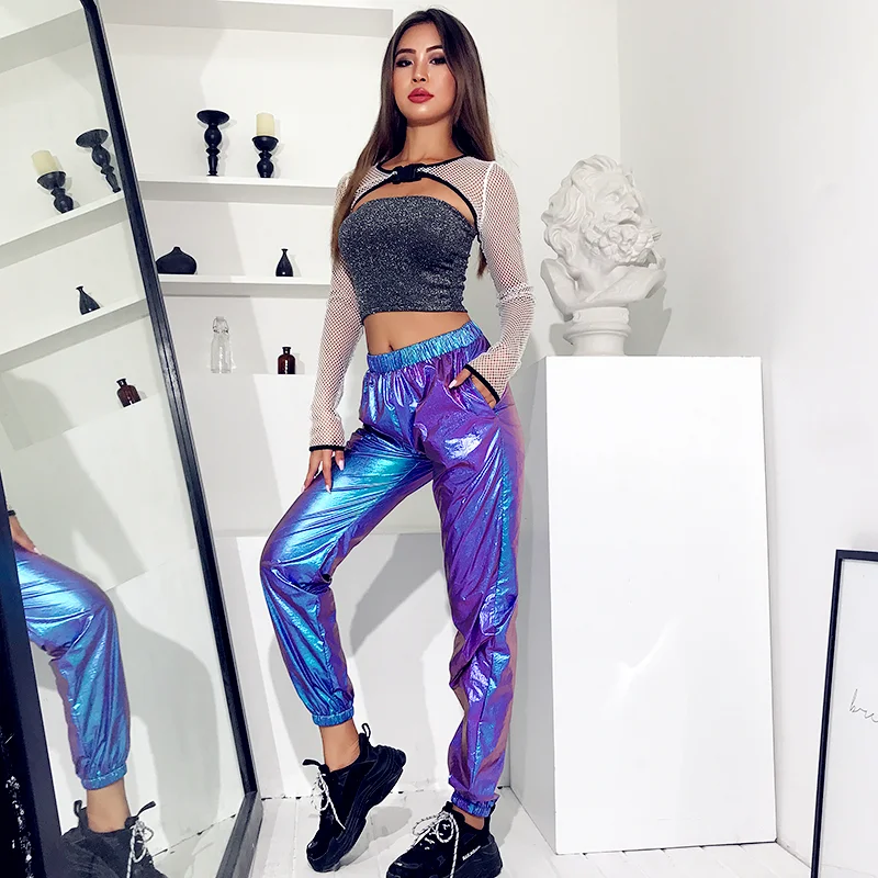 Hip Hop holographic high waist pants women joggers streetwear dance track trousers elastic summer winter quality new |