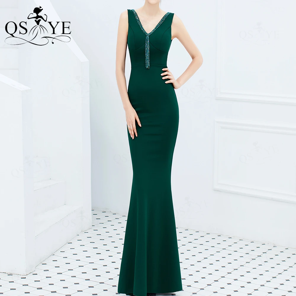 

Emerald Prom Dress Stretch Mermaid Evening Dress Beading Crystals Long Formal Party Gown V Neck Green Prom Gown Sleeveless