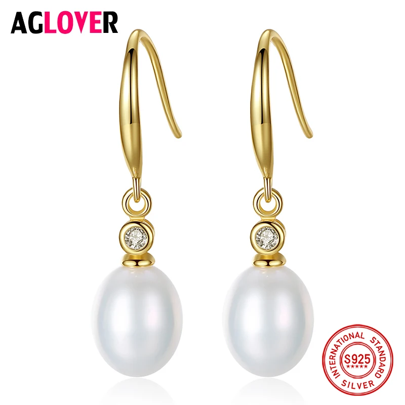 

AGLOVER Real 925 Silver Gilt Drop Earrings Natural Freshwater Pearl Earrings Pearl Jewelry Women Gift New Fashion Earrings 2019