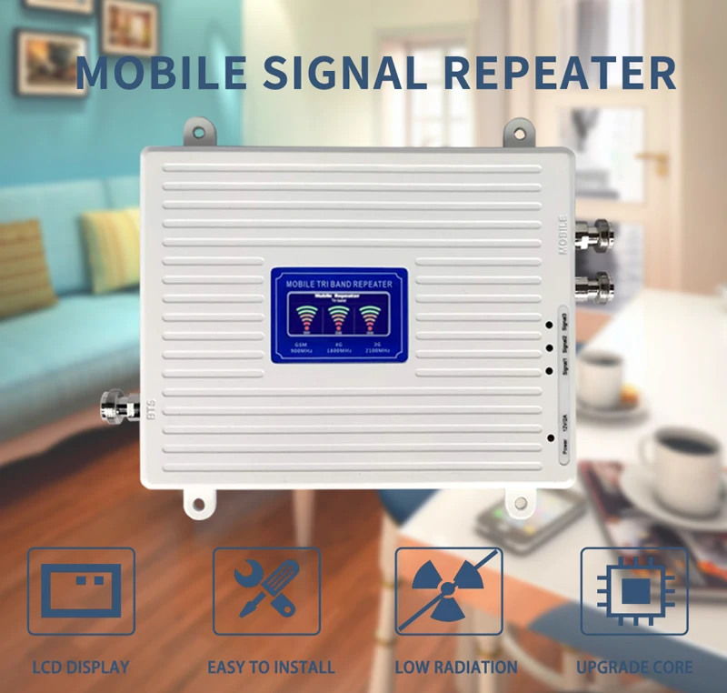 

900 1800 2100 Tri Band 2G 3G 4G Signal Booster Cellular Repeater GSM DCS WCDMA Mobile Signal Amplifier 2 Indoor Antennas Set