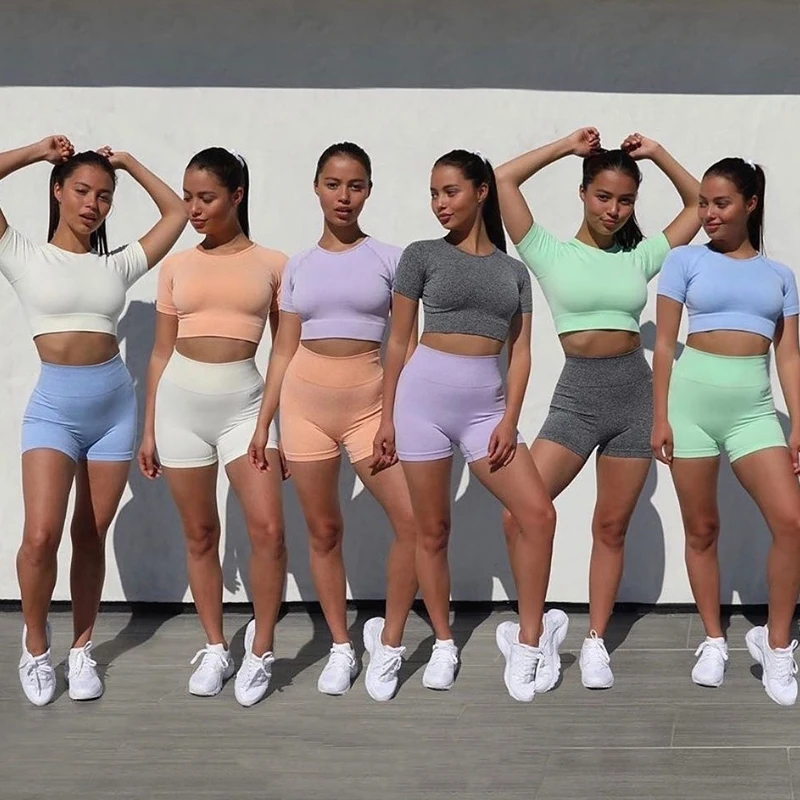 

2 Piece Set Women Leggings Set Workout Clothes for Women Fitness Leggings Shorts+Cropped Shirts Sport Suit Tracksuit Activewear