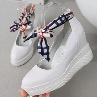 low top platform wedges mary janes women genuine leather high heel pumps shoes female lace up round toe ankle boots casual shoes