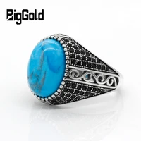 925 sterling silver men ring with blue turquoise stone vintage thai silver ring with black cz for male female turkish jewelryy