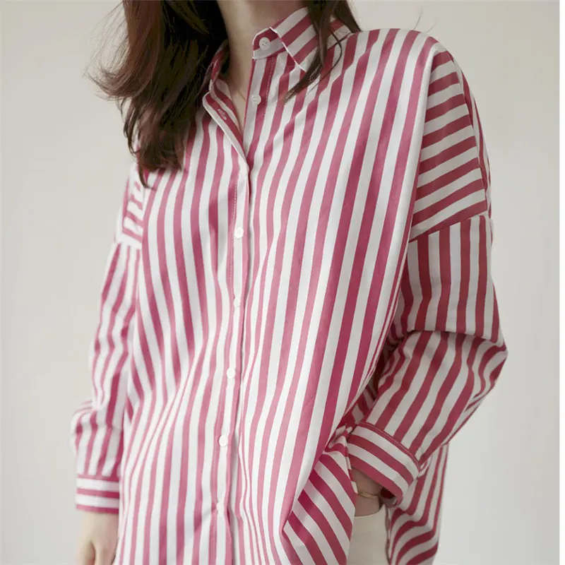 

HziriP Korean Chic Striped Gentle Women Blouses 2021 Hot Office Lady Feminine Tops Loose Elegant Stylish Full Sleeves Shirts