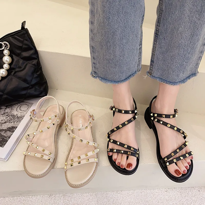 

Flat Sandal Shoe Summer Heels Suit Female Beige 2021 Women's Without Girls Studded Comfort Fashion Low Clear Black New Rivet Buc
