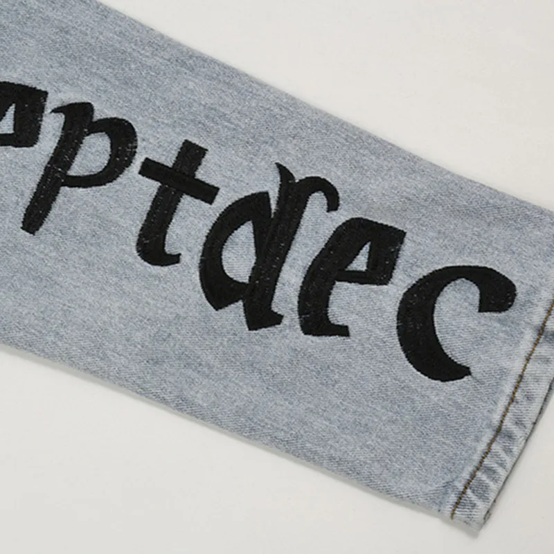 2021 New Arrival Fluorescent Letter Print Cotton Men Hip Hop Jeans Trousers Korean Casual Straight Vintage Denim Pants Pantalon