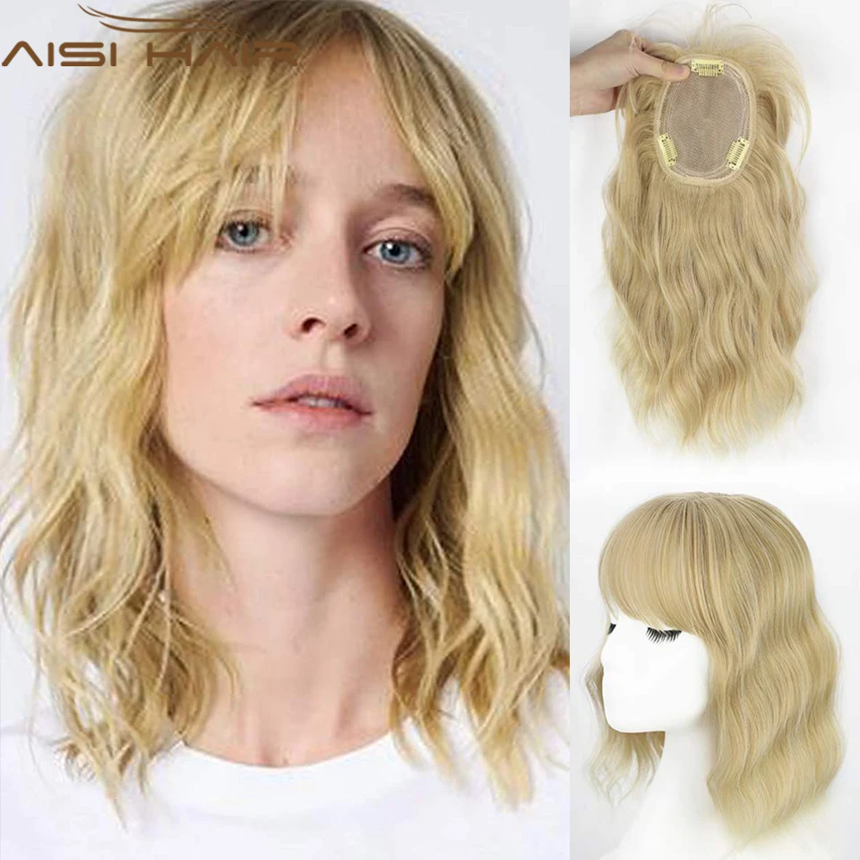 

AISI HAIR Synthetic Hairpieces with Bangs Clip in Hair Pieces Mix Blonde Water Wavy Hair for Women Thinning Hair Heat Resistant